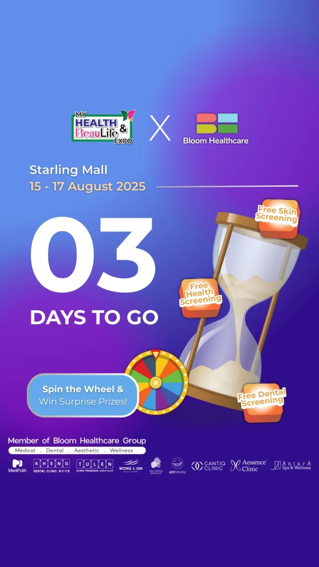 🎉 3 Days to Go! 🎉
Get ready to experience Medical, Dental, Aesthetic & Wellness — all under one roof! 🌟

From 15 – 17 August, Bloom Healthcare Group is bringing exclusive deals, health insights, and beauty innovations straight to you at the My Health & BeauLife Expo.
💥 Enjoy up to 58% OFF on our special combo packages — available only during the event!

📍 Starling Mall
📅 15 – 17 August 2025
🕒 11:00 AM – 10:00 PM

💡 Mark your calendar, bring your friends, and let’s make this weekend a healthy & beautiful one together! 💛

#MyHealthBeauLifeExpo #BloomHealthcareGroup #BHG #Medical #Dental #Aesthetic #Wellness #SpecialOffer #BigSavings #HealthcareEvent