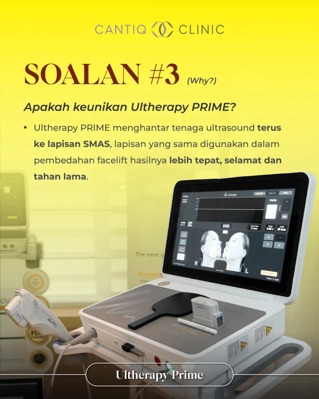 💛 “Apakah keunikan Ultherapy PRIME?”（Why — Unique Benefits）
 
Apa yang buat Ultherapy PRIME lain dari rawatan lain? 💡
Teknologi ultrasound canggihnya menghantar tenaga terus ke lapisan SMAS — lapisan yang sama digunakan dalam facelift pembedahan.
Hasilnya lebih tepat, selamat dan tahan lama ✨
 
✅ Merangsang kolagen dari dalam
✅ Menegangkan wajah tanpa pembedahan
✅ Memberi hasil semula jadi & kekal lebih lama
 
Rawatan moden untuk wajah muda tanpa risiko! 🌿
📍Kunjungi CANTIQ Clinic dan alami sendiri keunikannya.
 
📍 CANTIQ Clinic Klang http://wasap.my/60123099366
📍 CANTIQ Clinic Cheras http://wasap.my/601169411227
📍 CANTIQ Clinic Setapak http://wasap.my/60125689366
📍 CANTIQ Clinic Melaka http://wasap.my/60128619366
 
📞 WhatsApp kami sekarang untuk tempah slot anda! Tempat terhad!

#UltherapyPrime #CantiqClinic #SmartFacelift #TeknologiTerkini #NaturalLift